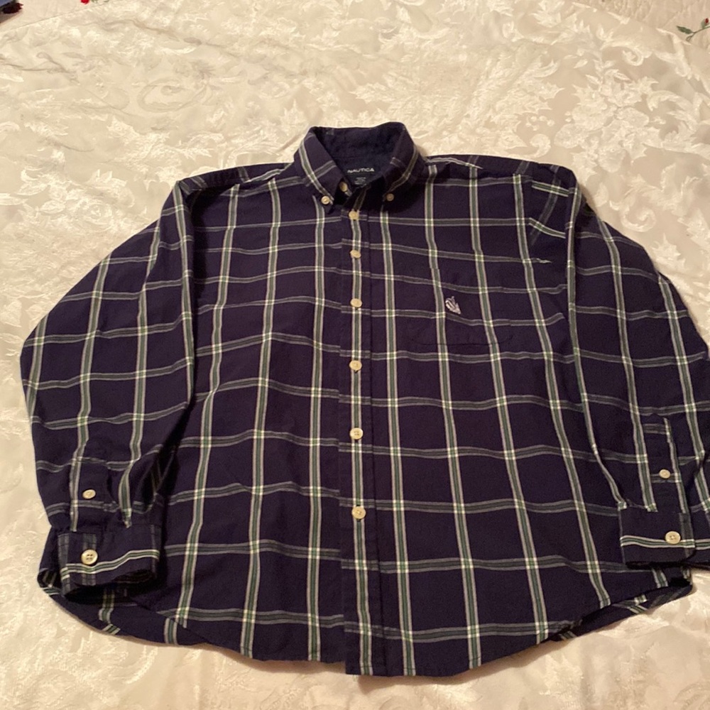 NAVY STRIPPED NAUTICAL SHIRT 100% COTTON SIZE M 12-14 BOYS BUTTONED DOWN COLLAR